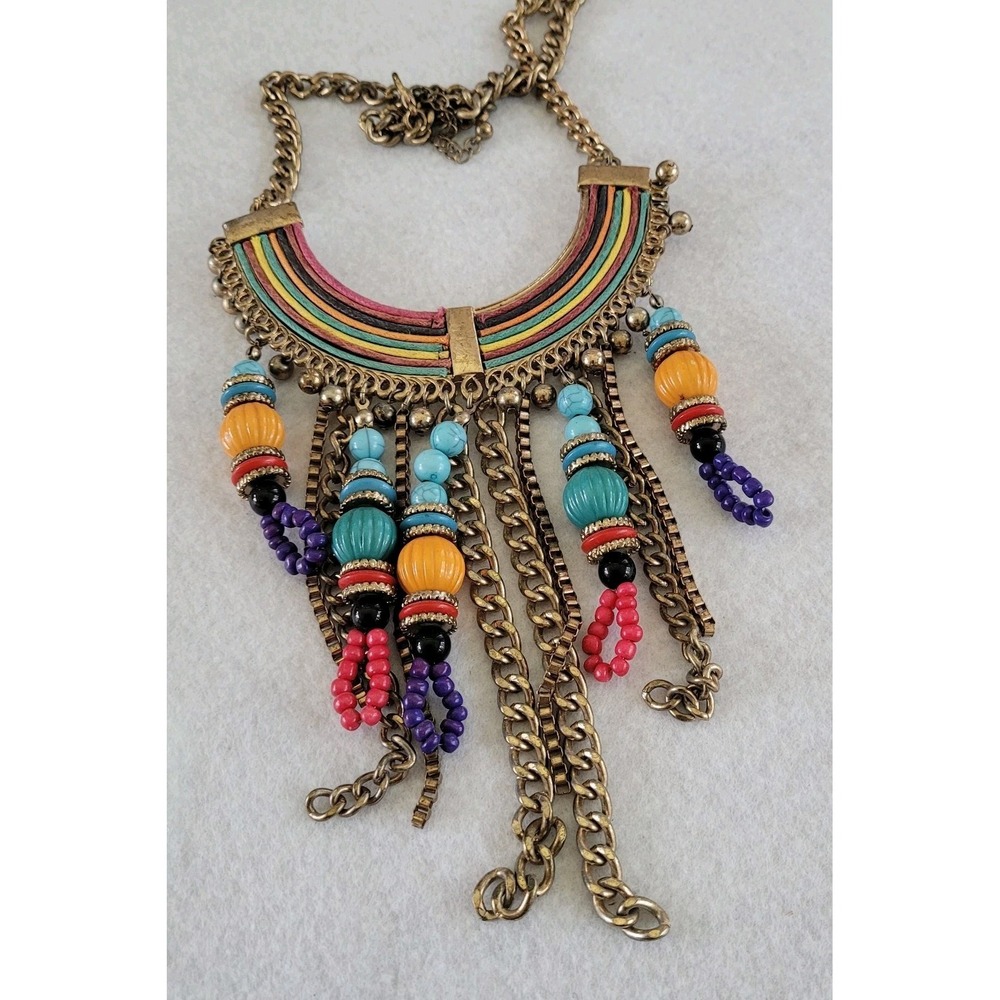 African Tribal Style Rainbow Bib Statement Necklace Beaded Fringe Gold Tone